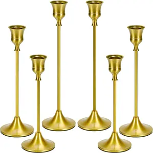 Candle Holder  Taper Candlestick Holders - Table Decor Brass Golden Pillar Candle Sticks Holder Set of 6, Antique Fireplace Decor Tapered Bulk Candelabra for Wedding, Christmas