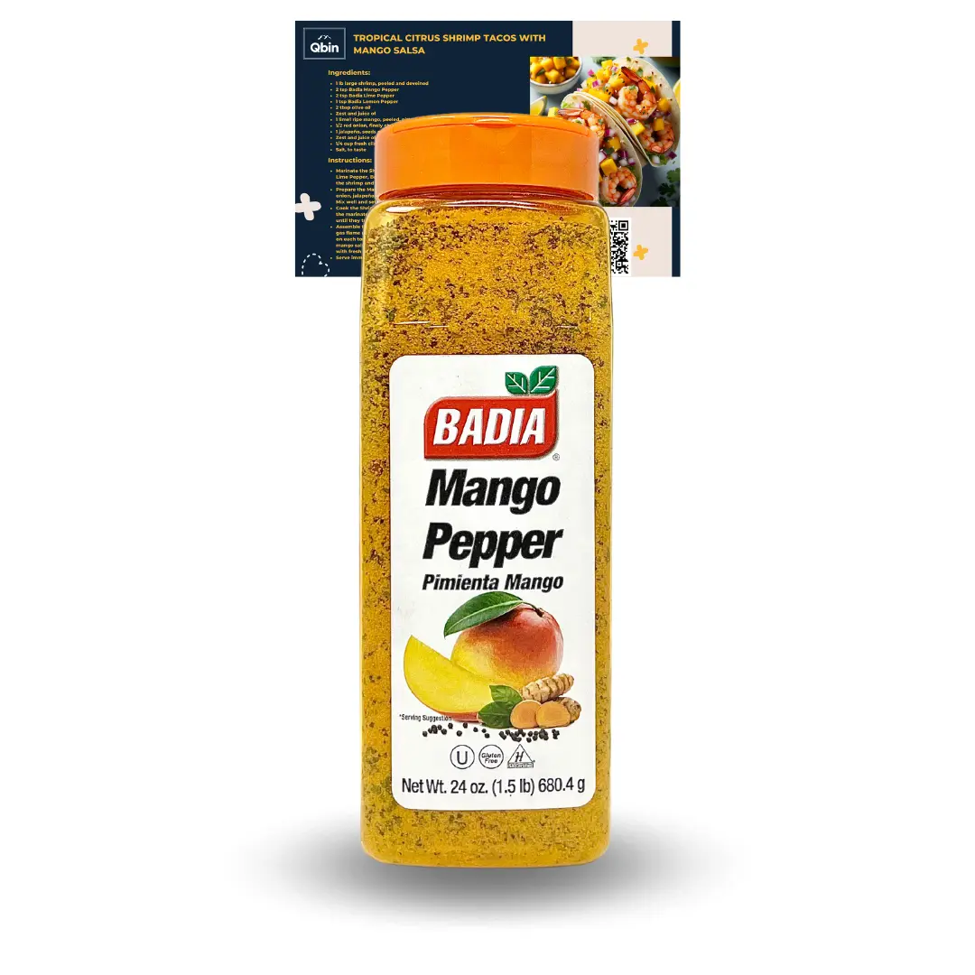 Badia Mango Pepper Seasoning - Exotic Sweet-Tropical Mango & Spicy Pepper Fusion, 24 oz QBIN Recipe Card Spice - Rich Flavor for Seafood, Grilling, Vegetables
