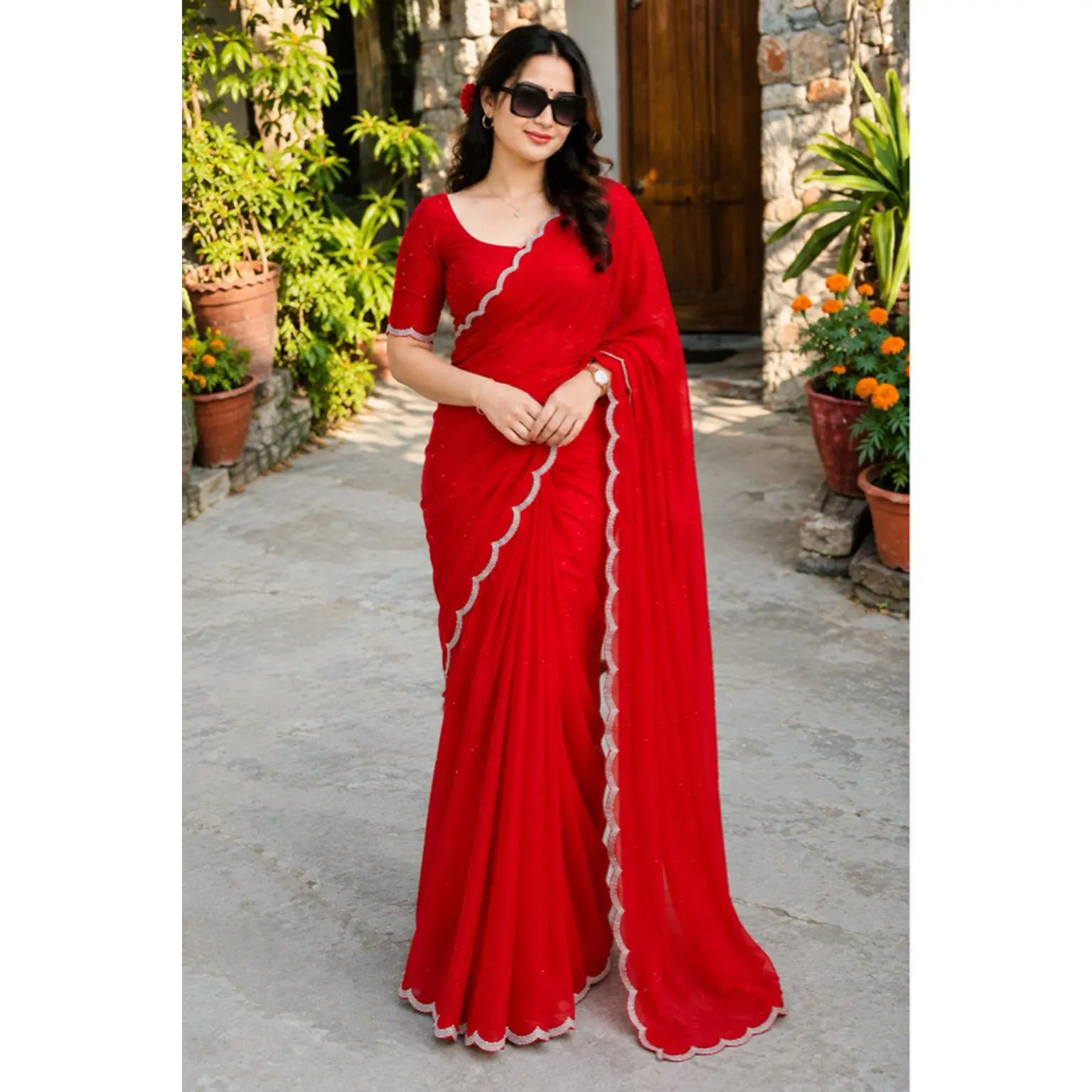 Handwork Boutique Saree Set with Fully Stitched Blouse and Peticoat in Vibrant Red Color