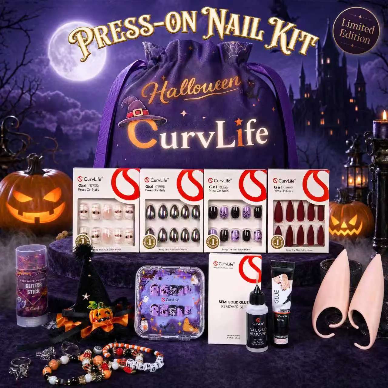 Halloween Press on Nails Set, Curvlife Limited Edition Value Pack with Solid Nail Gel Glue & Remover, Glossy Dark Ghost Pumpkin Bat Spider Web Black Orange French Tip Glue on Nails, Reusable Acrylic False Nails Kit for Women, Holiday Nail Art Bundle