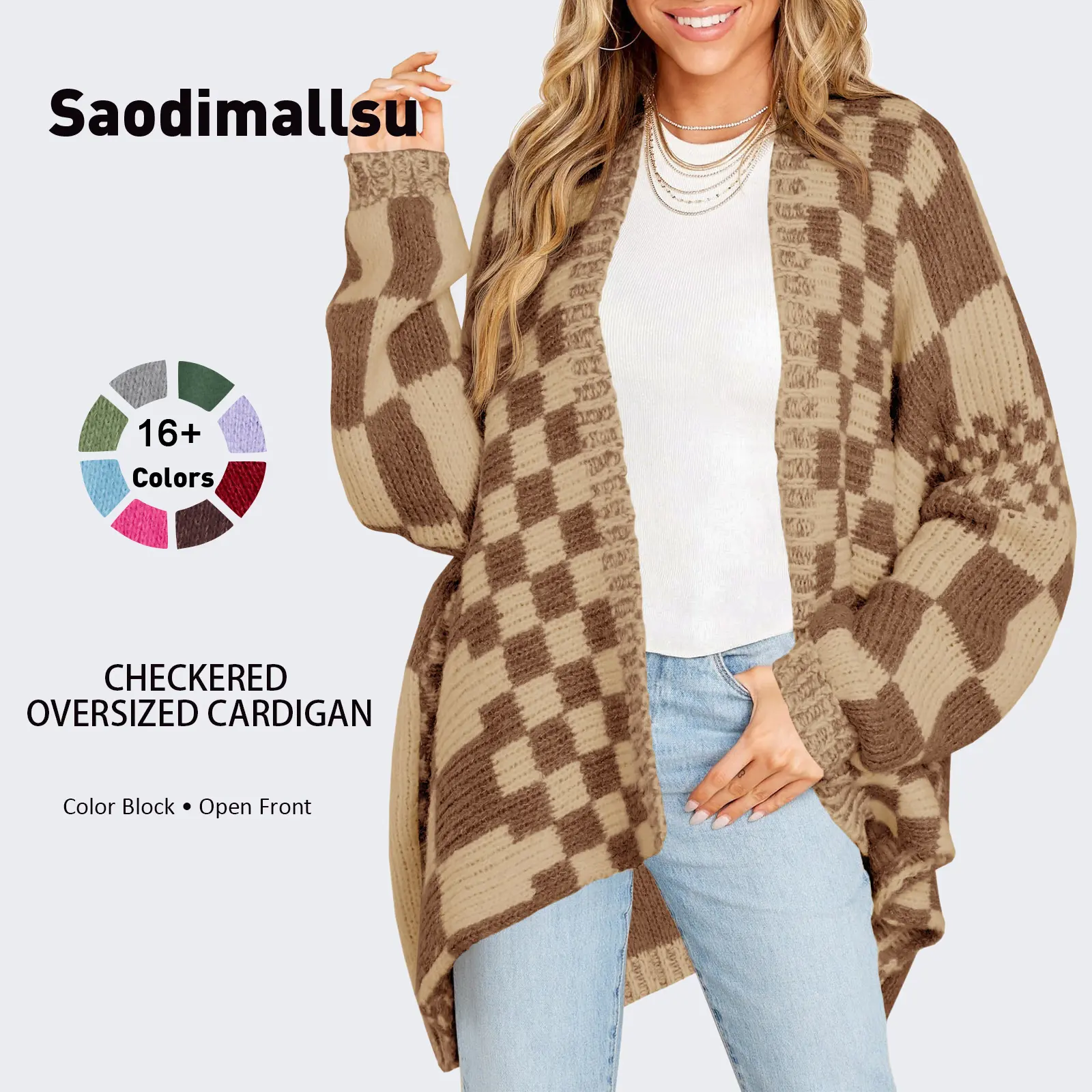 Saodimallsu Women's Oversized Plaid Cardigan, Color-Block Long Sleeve Open-Front Knit Sweater Coat for Casual Wear, Checkered, Knitwear