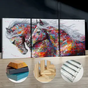 3Pcs Wooden Framed Canvas Painting, Abstract Colorful Horses Painting, Exquisite Poster, Home Decoration, Pattern Wall Art Decor, For Living Room, Bedroom, Office, Restaurant, Bar Wall Decor, Odorless, Painting, Print Artwork.