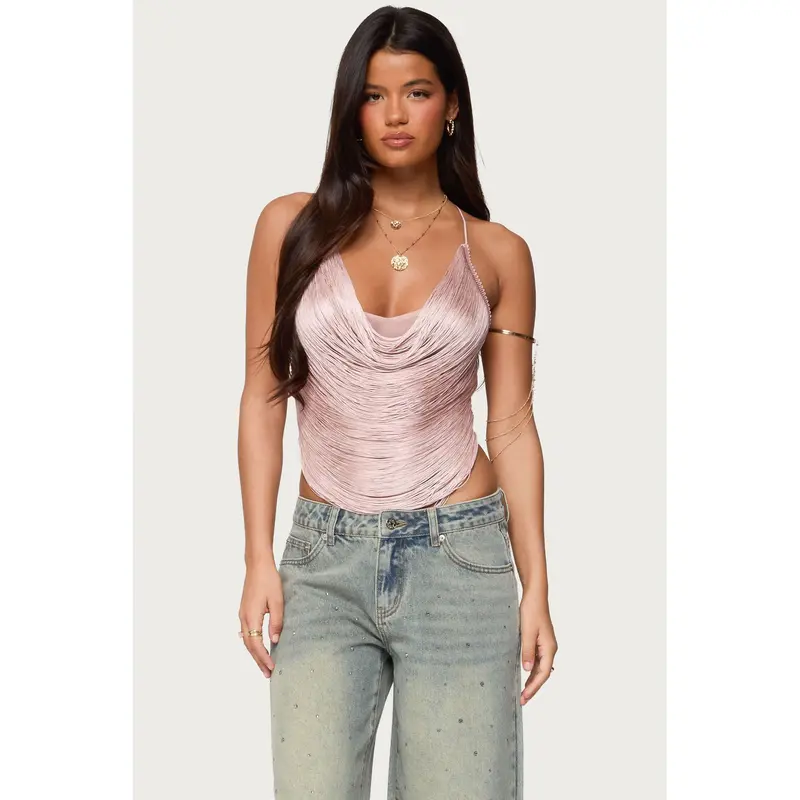 Elenie Fringed Cowl Neck Top