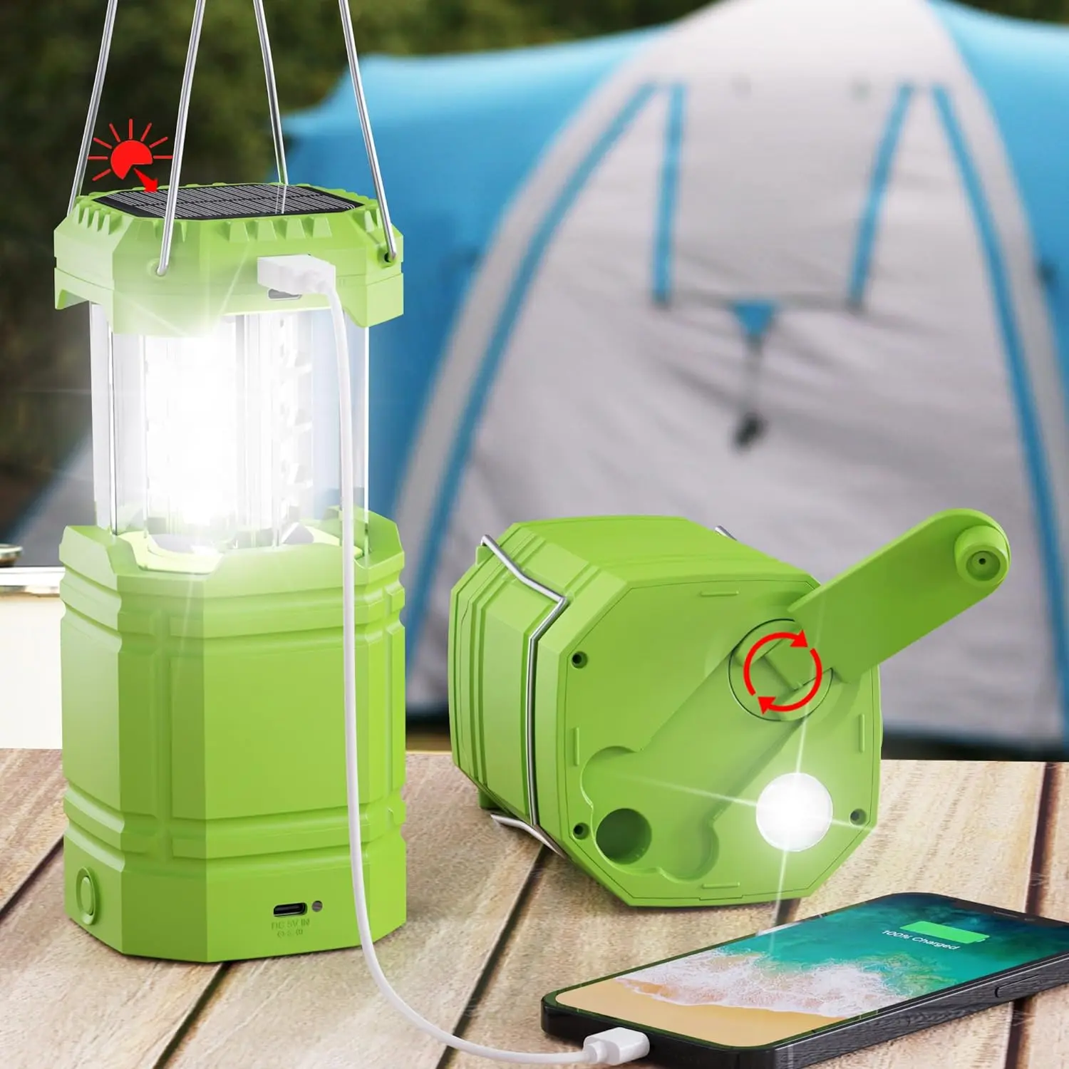 Electric LED Camping Lantern for Emergency, 3000 Large Capacity Solar Hand Crank Flashlight with 8H Play Time, Collapsible Survival Light, USB Charger for Cellphone, Must-Have Light for Power Outage