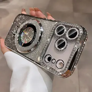 Glitter Magsafe Bracket Case For iPhone 17 16 15 11 12 14 13 Pro Max Plating Soft Bling Diamond Luxury Cover for iPhone 17 Air  Cellphone Protection Casing screen protector shockproof smartphone protective cover