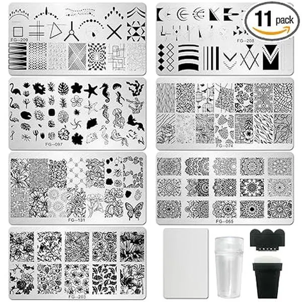 Nail Stamper Kit 7pcs Nail Stamping Plates Flower Geometric Mandala Animal Image Nail Stencils with 2 Stamp and 2 Scraper for Home Salon Manicure Design Supplies Tools