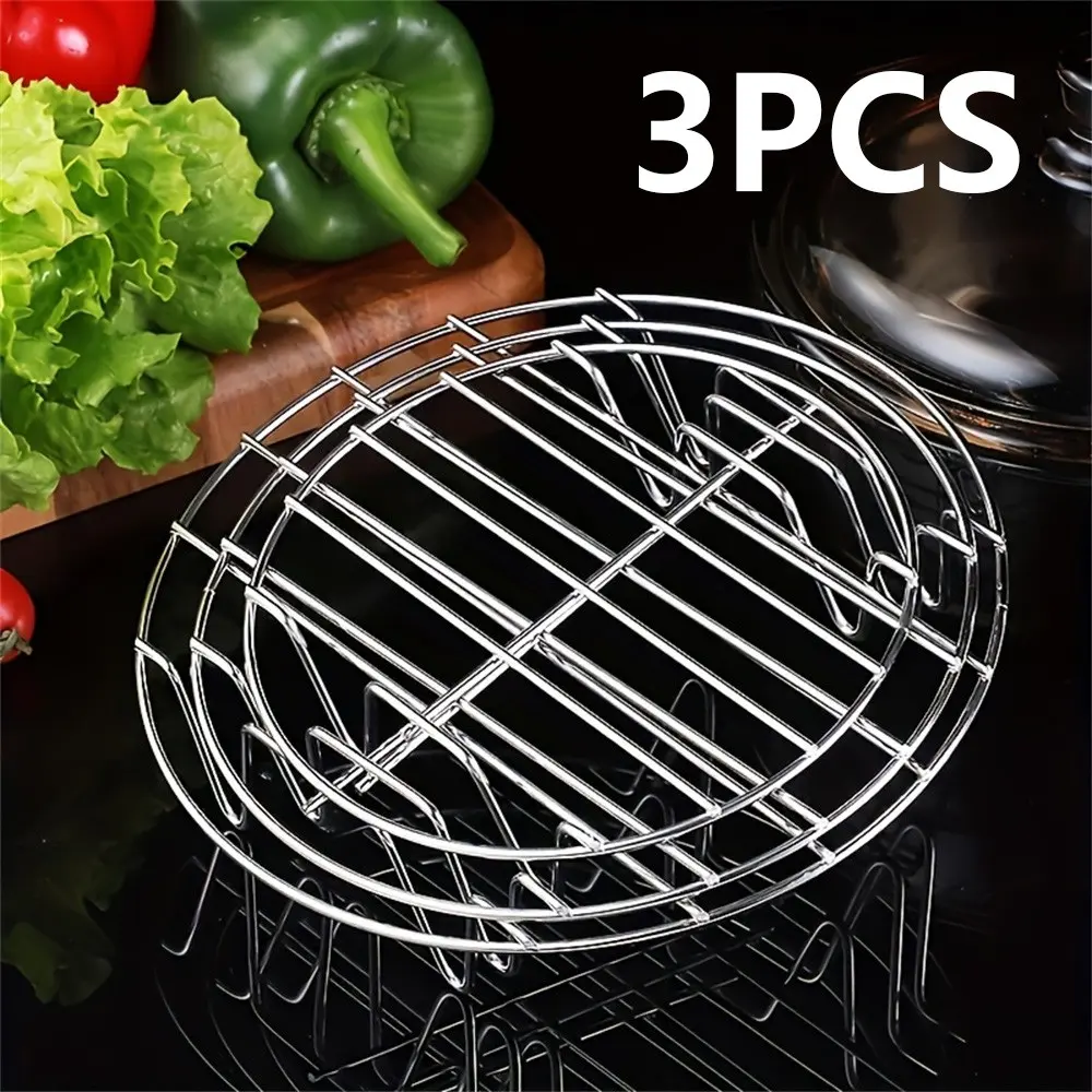 3pcs Stainless Steel Round Cooking Rack, Steaming Rack, Baking Rack, Bacon Rack, Kitchen Pot Mat, Durable & Versatile Design, Kitchen Accessories, Cookware