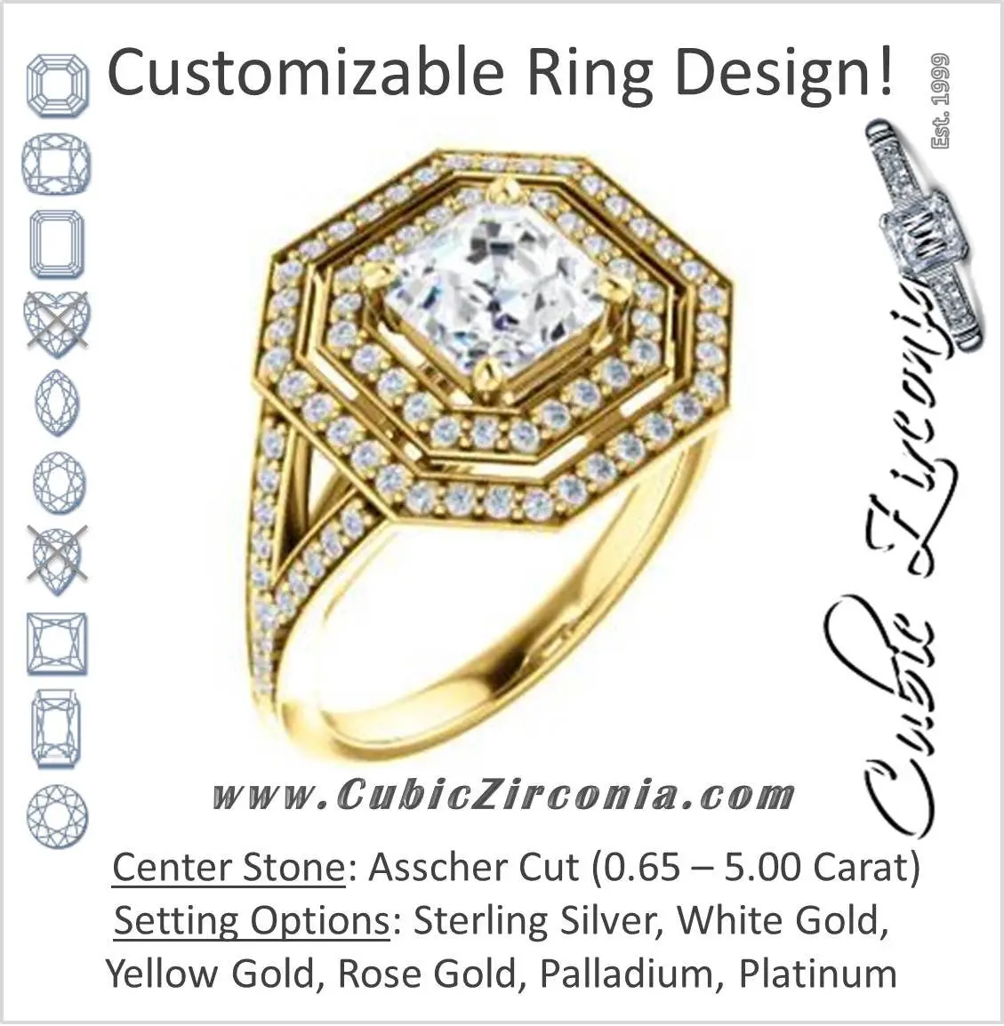 Cubic Zirconia Engagement Ring- The Miriam (Double Halo Ultra-Wide Split Pavé Band with Customizable Asscher Cut Center)