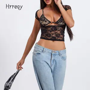 Women's Lace Tops Vintage Cap Sleeve Low Cut Slim Fit T-Shirts + Sleeveless Bralette Set Summer Clothes