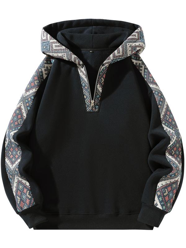 Unisex Retro Ethnic Patchwork Half Zip Hoodie, Casual Comfy Regular Fit Long Sleeve Pullover for Fall & Winter Daily Wear