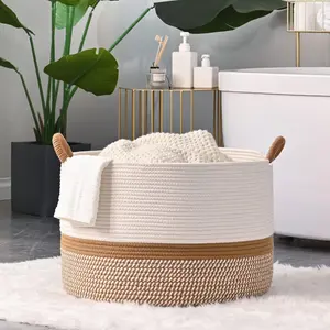 【Blogger's Pick】Large Plus-Sign Blanket Basket (20"x13"),Woven Baskets for storage Baby Laundry Hamper, Cotton Rope Blanket Basket for Living Room, Laundry, Nursery, Pillows, Baby Toy chest (White/Brown)#SummerVibes