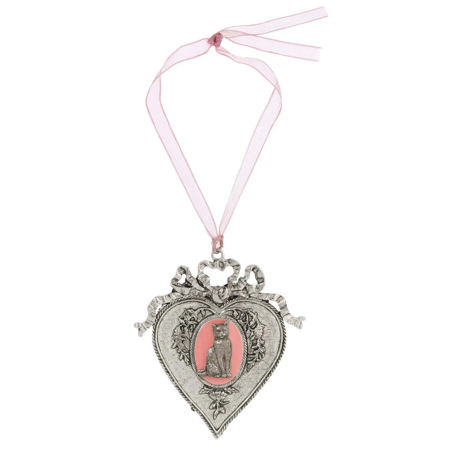 Pink Enamel Cat Oak Flower & Vine Pink Ribbon Heart Christmas Tree Ornament
