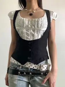 Women's Vintage Button Front Crop Jersey Vest Top, Punk Retro Sleeveless Top for Daily Outdoor Wear, Femboy Sissy Goth Outfit, Chic Casual Women's Tops for Summer Spring Fall Y2k Womenswear