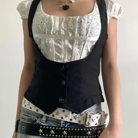 Women's Vintage Button Front Crop Jersey Soft Fabric Vest Top, Punk Retro Sleeveless Top for Daily Outdoor Wear, Femboy Sissy Goth Outfit, Chic Casual Women's Tops for Summer Spring Fall Y2k Womenswear, Medium