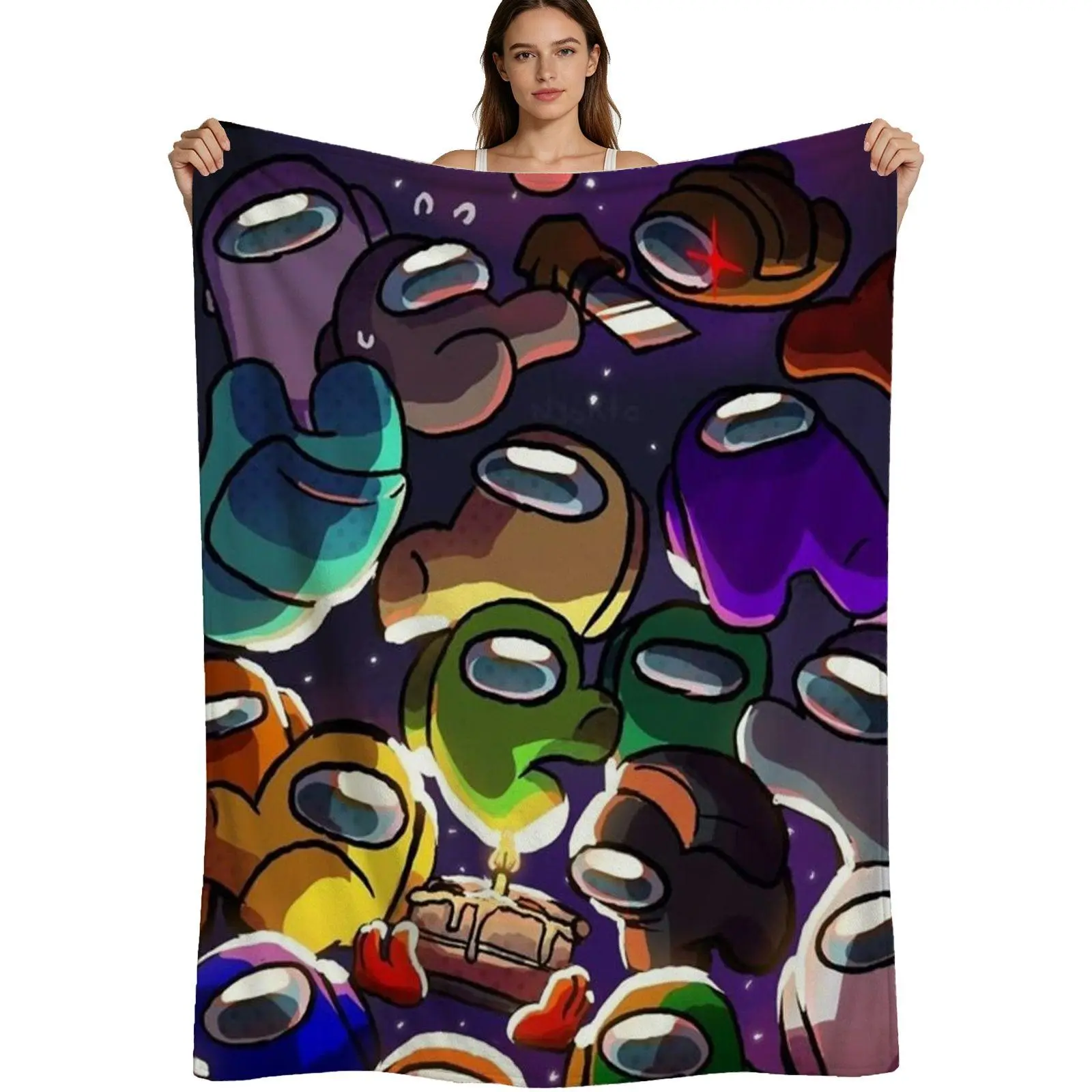 Among Us Crewmates Cake Pattern Warm Flannel Blanket - Flannel Texture, Soft Fleece Fabric, Vibrant Print, Multi-Size (4 Sizes Available), For Gamers, Space Parties, Single Pack