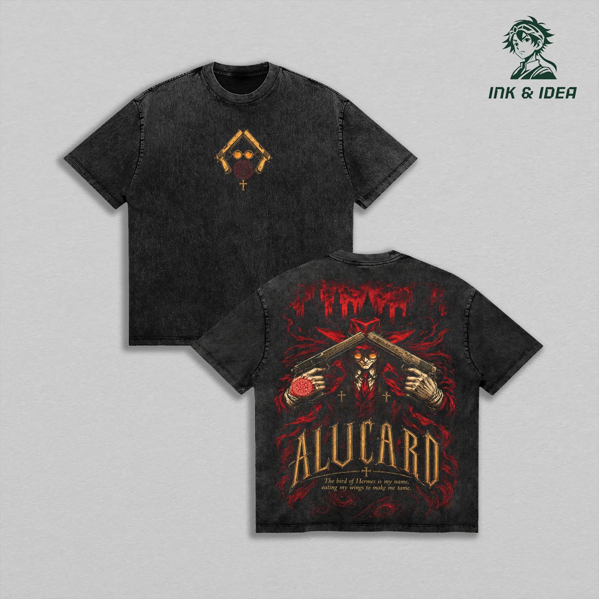 Alucard Hellsing Vintage Washed Heavyweight Cotton T-Shirt, Vampire Hunter Dual Pistols Double Sided Anime Graphic Tee, Oversized Gothic Manga Gym Streetwear, Unisex Fan Gift
