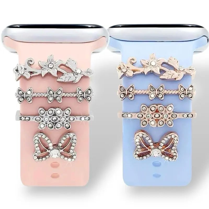 Bow & Flowers | 4 pc Smartwatch Jewelry | Rose Gold | Silver | Fits all size Silicone and Leather Strap | Wearable Accessories Durable watch band