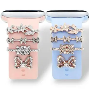 Bow & Flowers | 4 pc Smartwatch Jewelry | Rose Gold | Silver | Fits all size Silicone and Leather Strap | Wearable Accessories Durable watch band