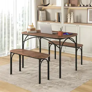 3-Piece Dining Table Set for 4, Wooden Kitchen Table and 2 Benches Set with Metal Frame, Space-Saving Dinette Set for Living Room, Dining Room, Breakfast Nook, Small Space