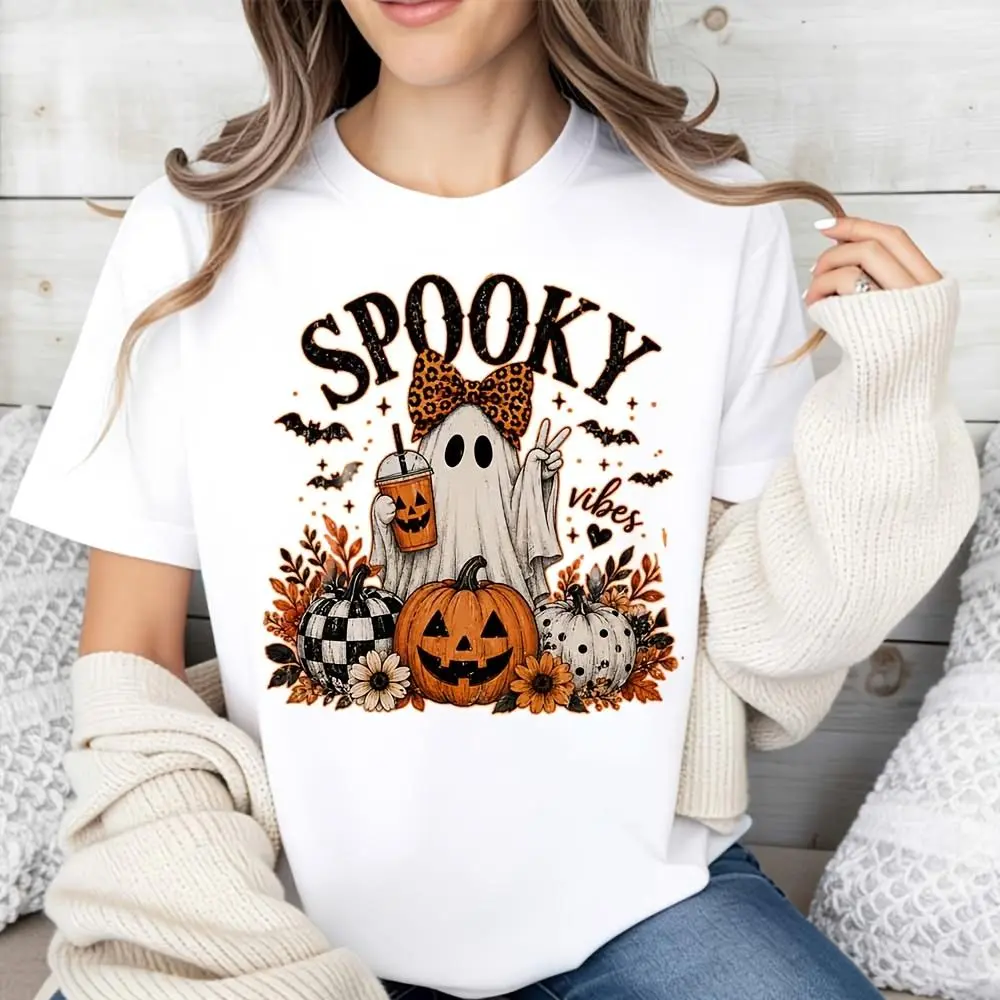 Women's Oversized Halloween T-Shirt - Breathable Essential Fabric, Ghost-Pumpkin-Leopard-Bow Graphic, Funny Horror Autumn Fall Party Casual Top