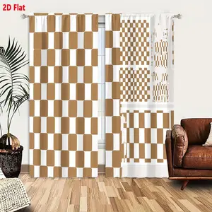 2D Flat  Hot 2-Piece Brown & White Checkered Rectangular Pattern Curtains, Grid Wall Decorative Window Curtains for Living Room Bedroom, Light Filtering & Privacy Protection