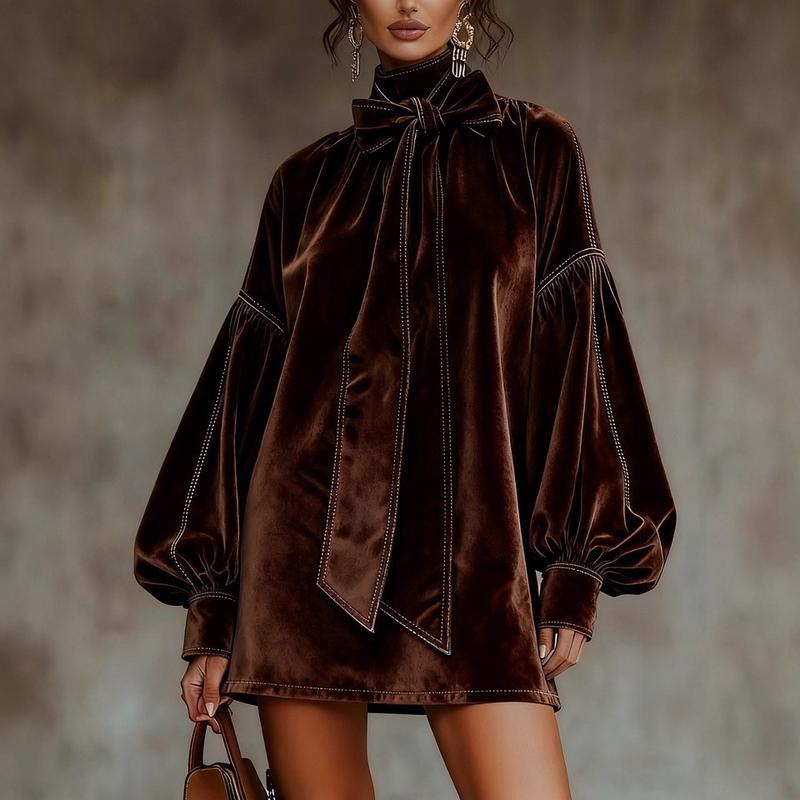 Elegant High Neck Bow Velvet Bloom Sleeve Mini Dress