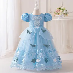 01 Butterfly Embroidered Cartoon Cosplay Costume Fancy Carnival Blue Kids Clothes Princess Girls Long Ball Gown Children Dress 3-12Y