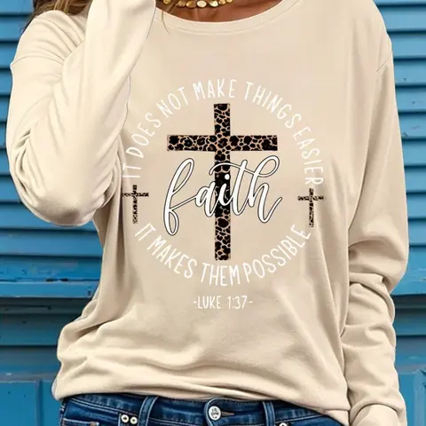 Women's Casual Fitted Long Sleeve Knit T-Shirt, Letter & Cross Graphic Print, All-Season Wear, Fall Spring Winter Layering Top Womenswear Knitwear