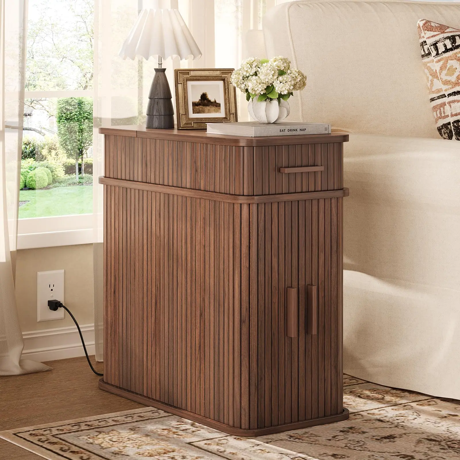 【SummerFinds】ONBRILL Gorgeous Fluted Narrow Side Table with Drawers, Mid Century Modern End Table with Charging Station, Small Couch Table for Living Room, Skinny Bedside Table Nightstand for Small Space Bedroom