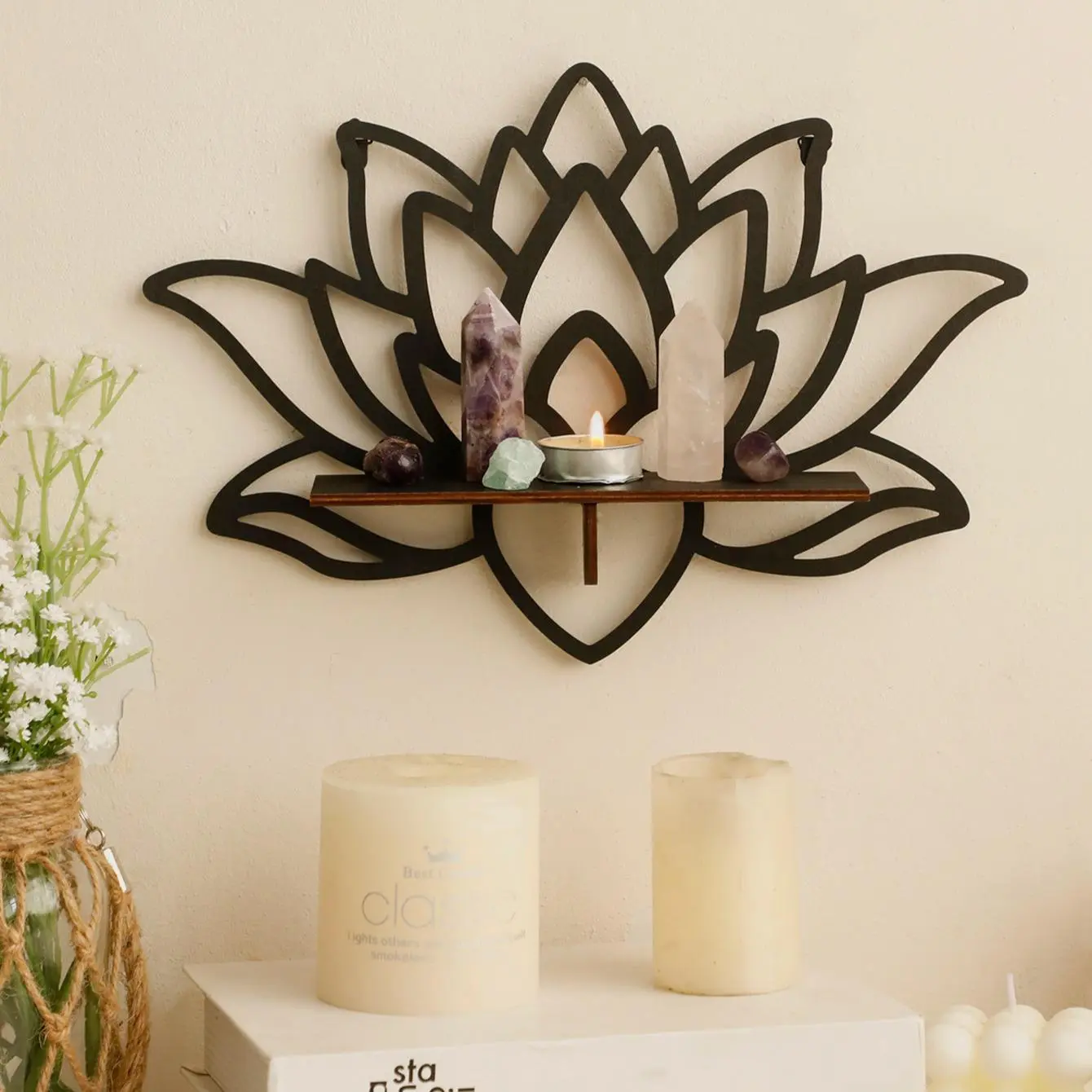 Lotus Design Wall Mounted Shelf, Wall Organizer Shelf, Wooden Floating Storage Rack, Wall Hanging Decor for Home Living Room Bedroom Bathroom Office, Room Decor, Home Decor, Candles, Interior, Wall Mounted Holder, Aesthetic Bathroom Decor