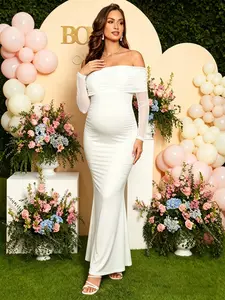 Elegant Pregnant Woman Fish Tail Evening Gown, One-Shoulder Sheer Fabric, High Stretch Comfortable Material, Perfect for Baby Showers & Special Events