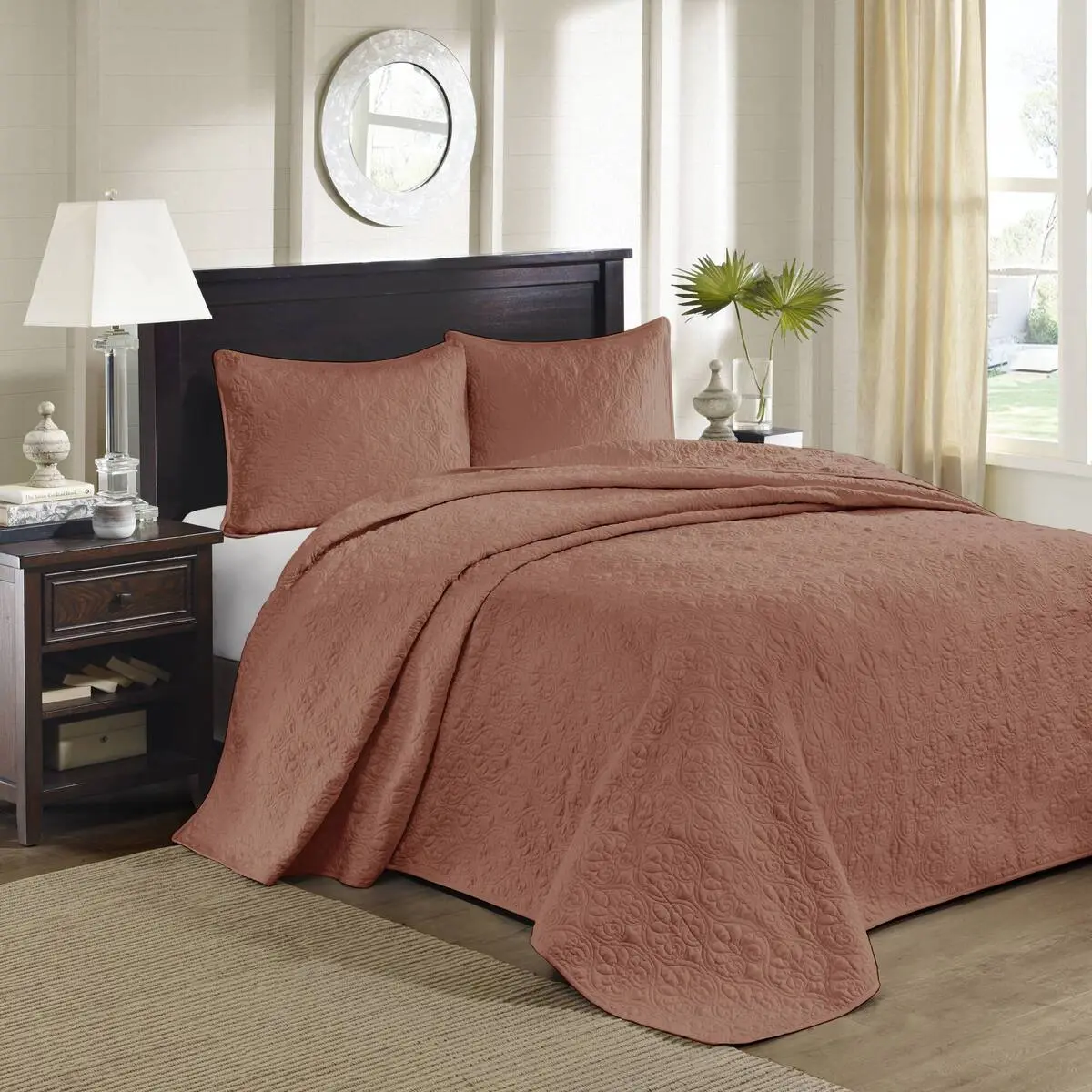 Reversible Bedspread Set 3 Piece King Size Quilted Coverlet with 2 Pillow Shams, Red Polyester, Anti-Microbial & Machine Washable, for Master Bedroom Guest Room All Season