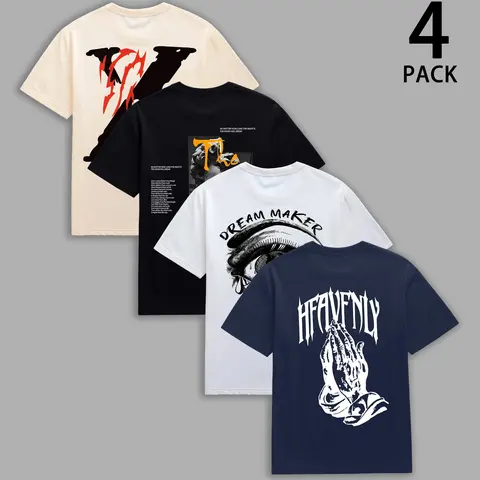 Men's 4-Pack Oversized Round Neck Short-Sleeve Graphic T-Shirts - Chic Print T-Type Mens Clothing, Men's Streetwear Casual Tops, 4 Graphic Choices for Back to School Outfits