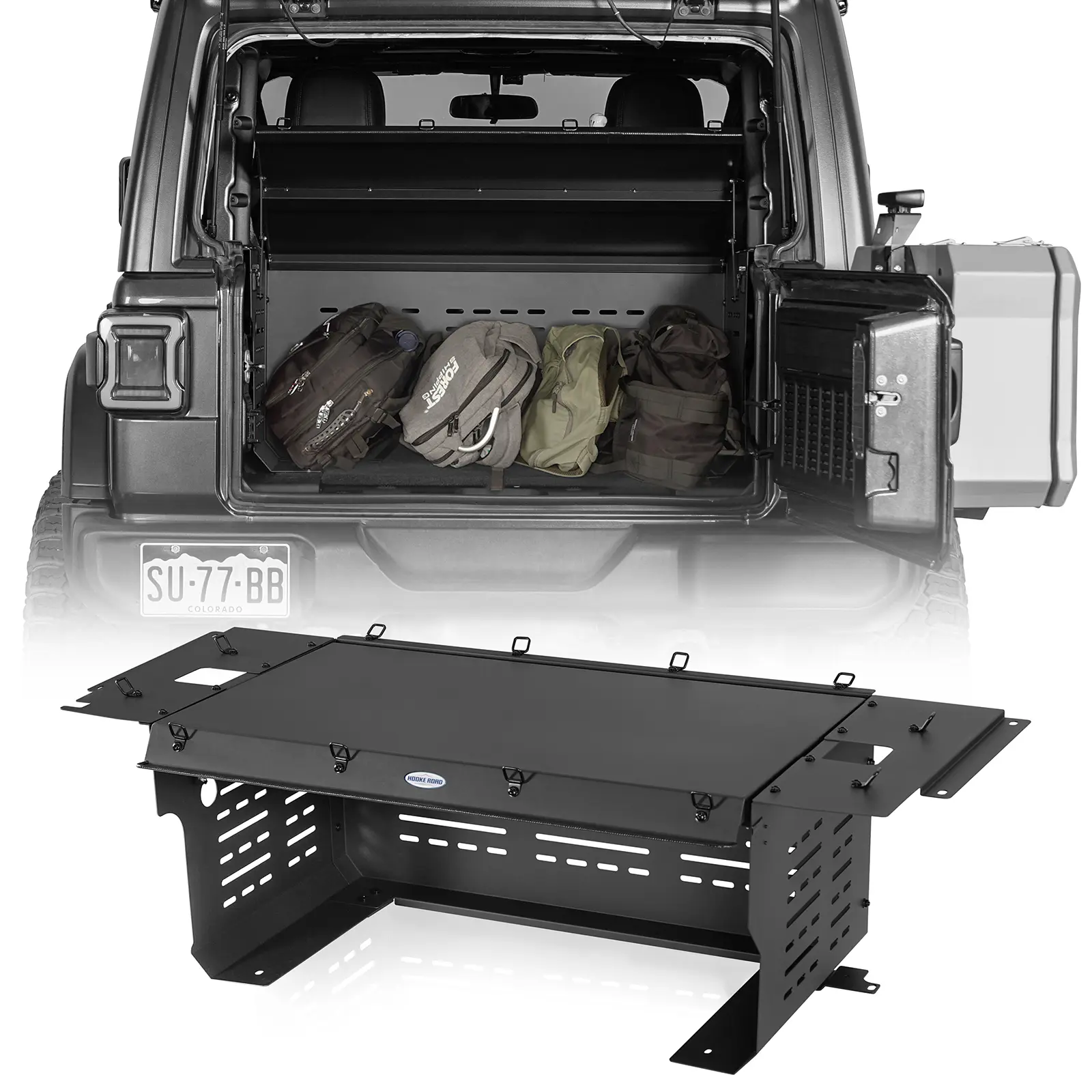 Hooke Road Painted Lockable Metal Rear Gear Rack - Bolt-On Car Interior Kit, Vehicle Accessories, 2-Space Trunk Split, Hard/Soft Top Fit, 40.6in L x23.5in W x18.4in H, 71lbs Cargo Storage for 2018-2023 Jeep Wrangler JL 2-Door Truck
