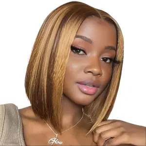 UNIKY 100% Human Hair Glueless Ombre 4/27 Highlight Short Bob Wig Human Hair for Women 180 Density 6x4 Closure Straight Lace Front Wig 8-16 Inch Brazilian Hair Springtok No Tangle No Shedding