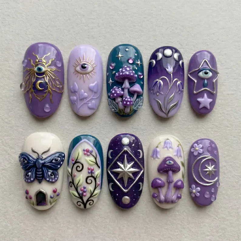 3D Celestial Purple Press-On Nails Set - Handcrafted, Whimsical Witchy Moon Phase & Mushroom Luxury Fakes for Nail Art Decoration
