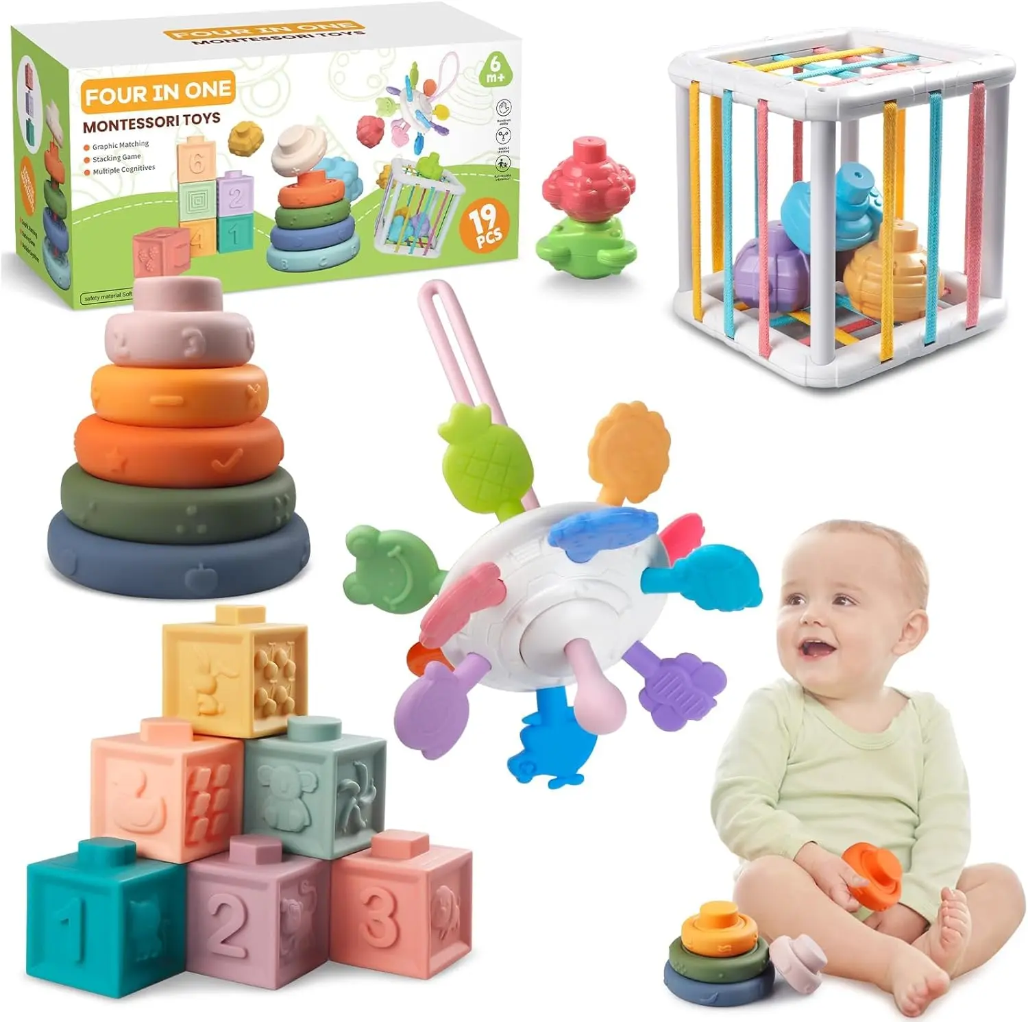 4-in-1 Montessori Baby Toy Set - Pull-String Teether, Stacking Blocks, Stacking Rings, Sensory Cube for Bath Play, Color & Shape Matching, Fine Motor Practice | Early Education Baby Gifts