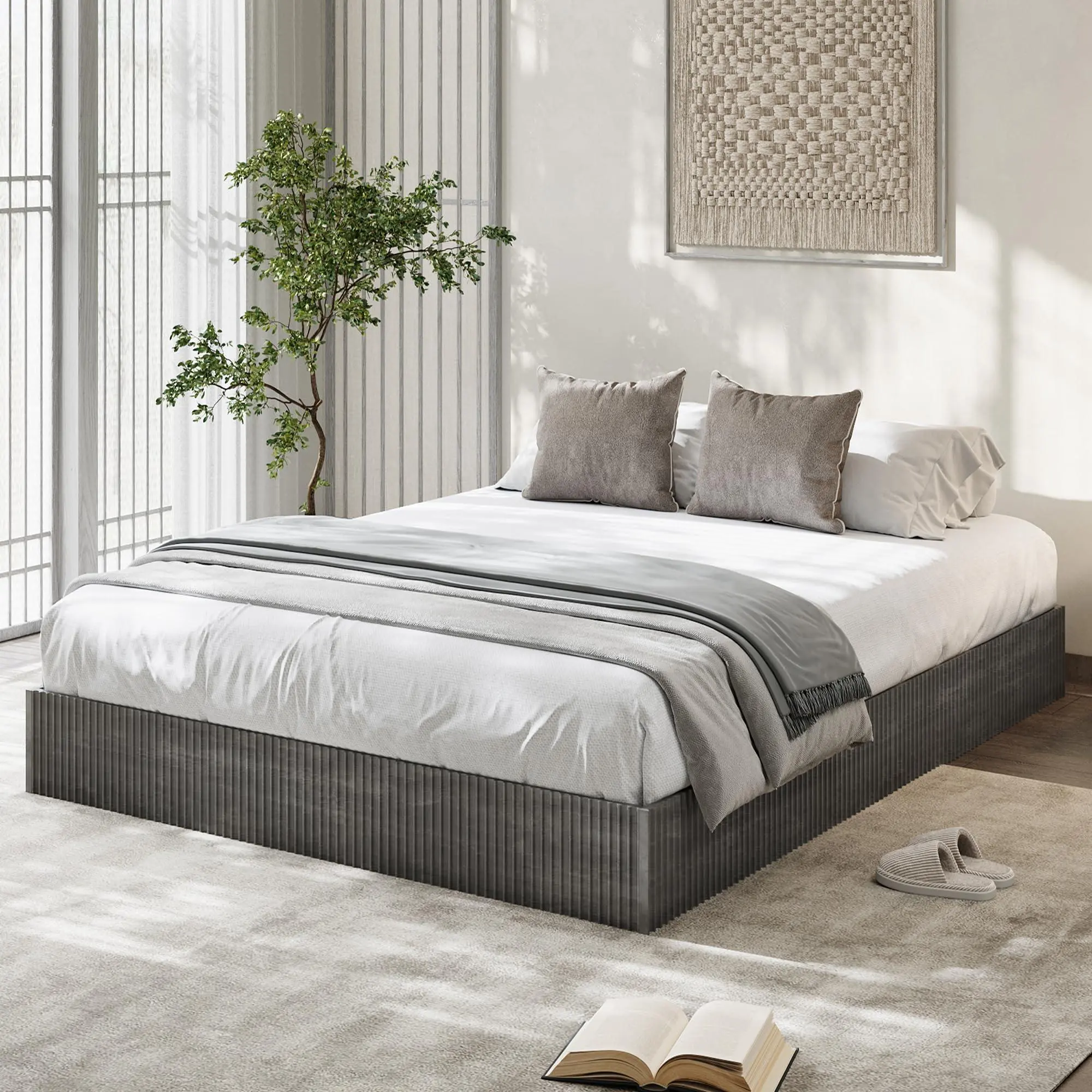 Charcoal Grey Full Size Solid Wood Platform Bed - Fluted Design, Low-Profile Minimalist Base, Noise-Free, No Box Spring Required