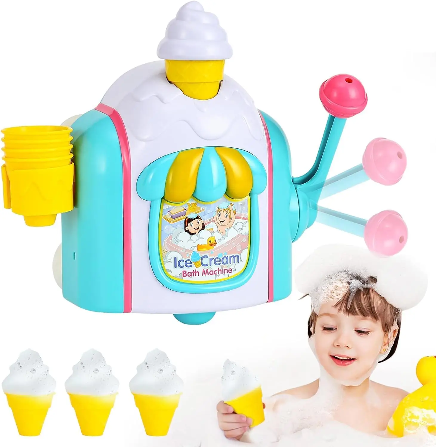 DIY Bubble Ice Cream Maker Bath Toy,Bath Toys for Kids Ages 4+,Ice Cream Foam Maker Bathtub Toy with Snap Buttons Not Fall，Bathtub Bubble Machine Pret