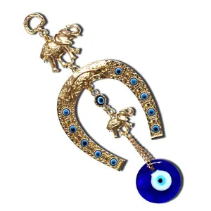 Horseshoe-Shaped Elephant Evil Eye Wall Hanging Alloy Gold-Plated Turkish Evil Eye Amulet Home Entrance Wall Decoration Car Rearview Mirror Peace Pendant Wealth-Attracting Evil-Repelling Feng Shui Pendant