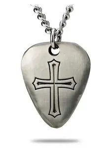 Men's Antique Finish Guitar Pick Necklace | Inscribed with Psalm 101:1 Bible Verse