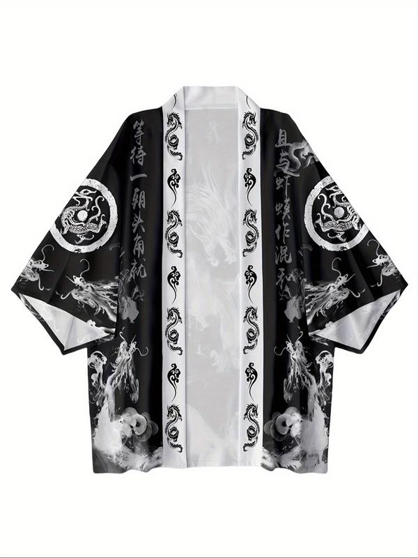 Men's Hanfu Open Front Cardigan, Loose Fit Lightweight Breathable Kimono Style Shirt, Japanese Dragon Print Streetwear Casual Wear