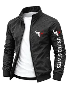 Men's American Bull Head Print Stand Collar Pilot Jacket, Casual Fall Winter Outerwear, Comfortable Fashion Gift for Father#BullHeadJacket #UnitedStatesPrint #StandCollarWindbreaker #MensStreetwear #TikTokFashion