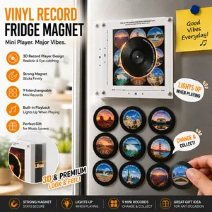 Vinyl Record Fridge Magnets – 9 Interchangeable Mini Records, Lights Up, Perfect Gift for Music & Art Lovers