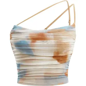 Women's Tie Dye Spaghetti Strap Cut Out One Shoulder Ruched Crop Cami Top Womenswear Bridal tubetops tank tops Apricot Casual Short Sleeveless