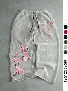 Men's Casual Sporty Long Pants, Cherry Blossom Print Sweatpants, Drawstring Wide Leg Leisure Pants, All Season Men's Clothing