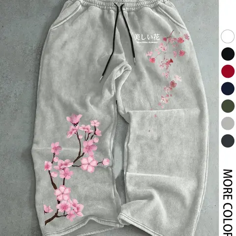 Men's Casual Sporty Long Pants, Cherry Blossom Print Sweatpants, Drawstring Wide Leg Leisure Pants, All Season Men's Clothing, Comfy Sweatpants, Drawstring Loose Sweatpants