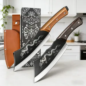 2pcs High Quality Sharp Kitchen Knives Set With Sheath, Professional Full Tang Chef Knife With Ergonomic Wooden Handle, Suitable For Chopping, Slicing Meat And Vegetable, Use For Kitchen And Restaurant Cooking, Ideal Gift Box For Holiday