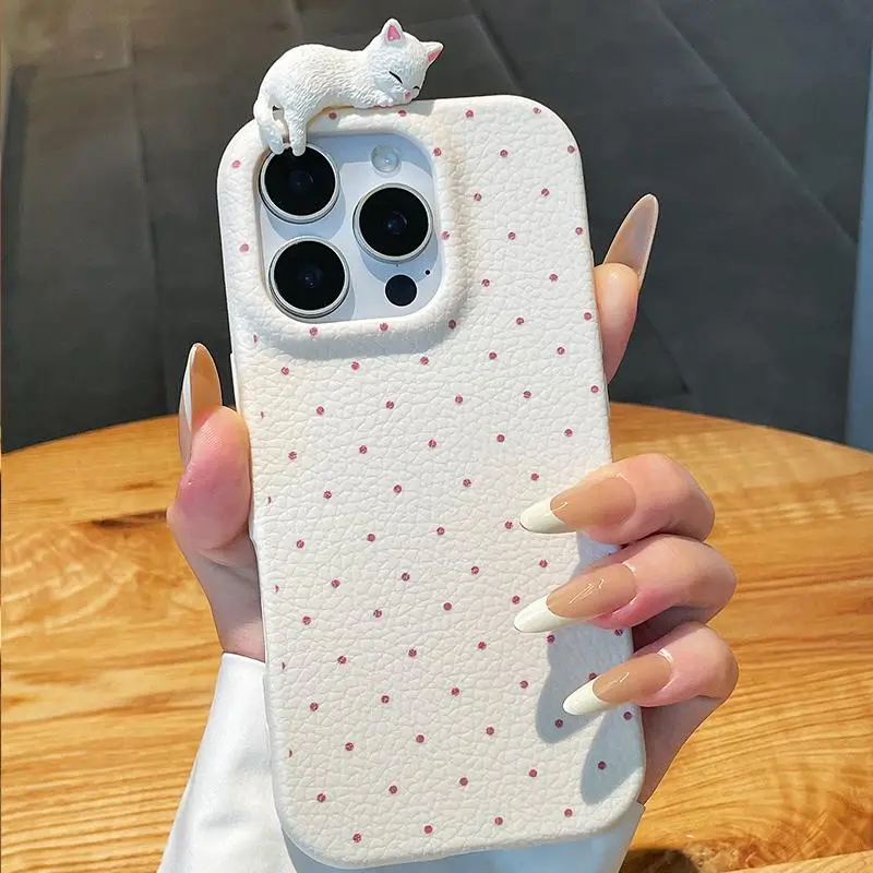 Full screen polka dot 3D cat compatible with iPhone 16 Pro Max/15/14 Plus/13/12/11 Phone case, TPU Shell, Cover, Smartphone Cover, cute protective shockproof cellphone accessory for women and men