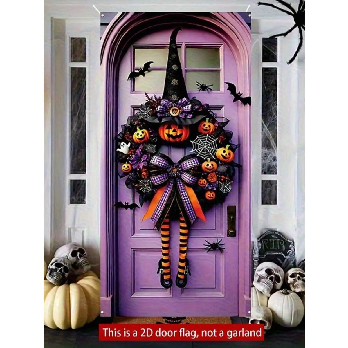 Halloween Witch Door Wreath - 1-Size Rectangular Purple Ghost Decoration, Gothic Spooky Ornament, Holiday Porch Hanging Front Door Sign for Halloween Party, Halloween Wreath